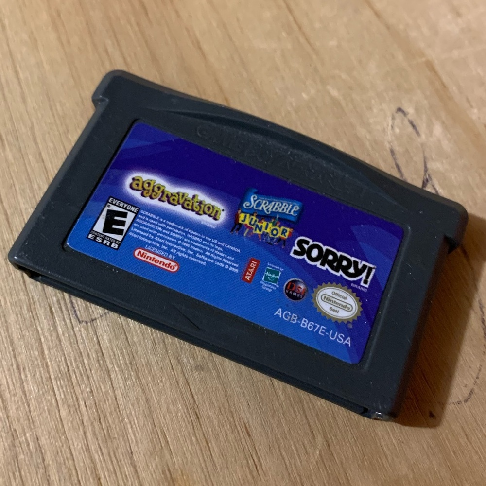 NINTENDO-Gameboy Advance Game-SORRY, SCRABBLE Jr, & AGGRAVATION Combo Video Game